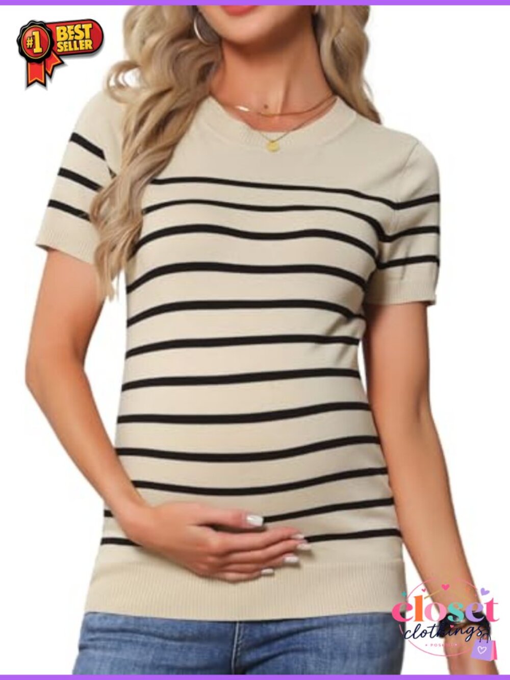 Maternity Short Sleeve Knit Pullover Sweater Crew Neck Stretch Work Top